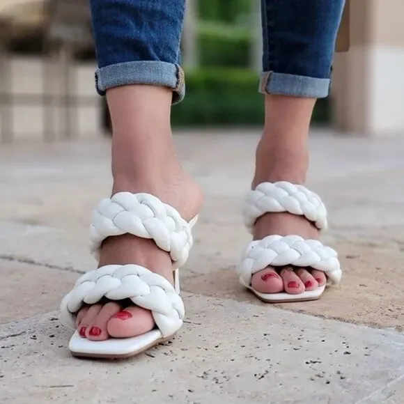 White Faux Leather Double Braided Square Toe High Mule Sandal Heel 4" - Picture 4 of 6